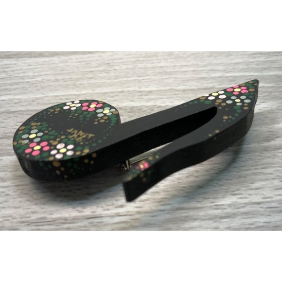 Music Eighth Note Brooch Pin Black Floral Vtg Hand Painted Wood 'Janet' - Picture 5 of 6